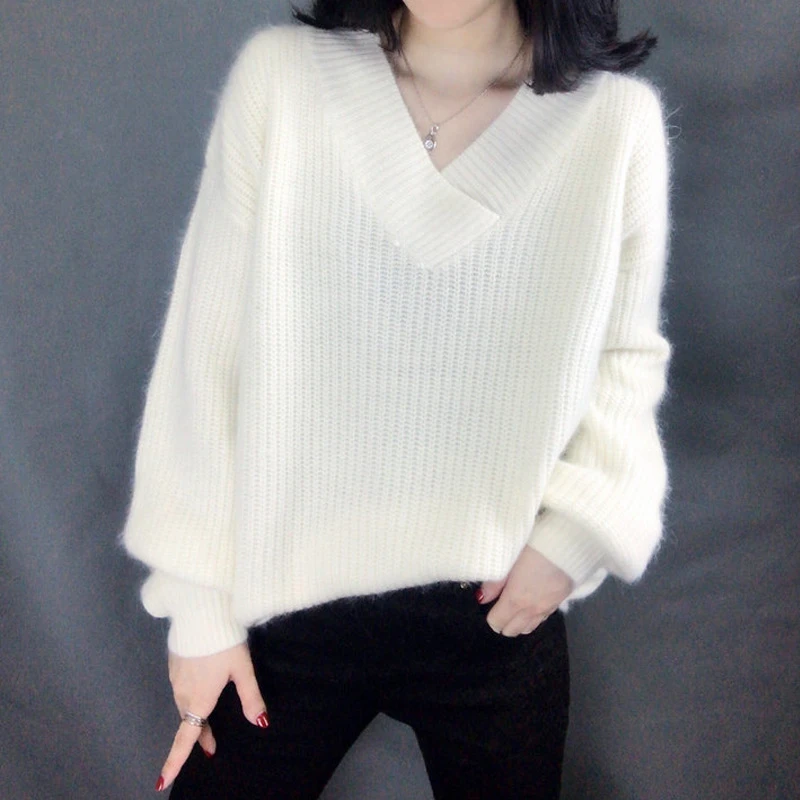 New 2020 Autumn Winter Casual Lantern Sleeves Cotton Sweater Women V-neck Pullovers Loose Knitted Bottoming One Size | Женская одежда
