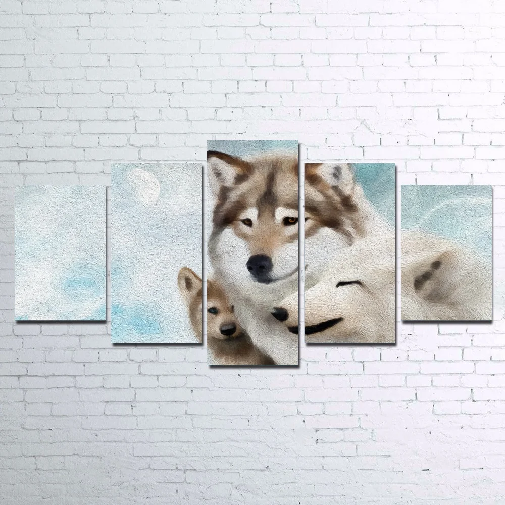 5 Panel Large HD Printed Painting Wolf Colorful Canvas Print Art Home Decor Wall Picture for Living Room | Дом и сад