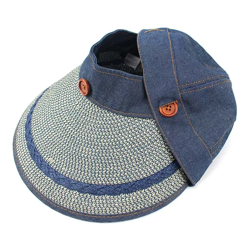 

Girl Button Sun Hat Summer Multipurpose Straw Hat Detachable Dome Top Visor Hats Sun-shading Dual Cap With Floppy Striped Brim