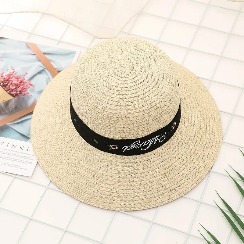 

2019 Summer Fashion Beach Hat Female vintage letters embroidered Casual Lady Brand Women Flat brim Bowknot Straw cap girls Sun