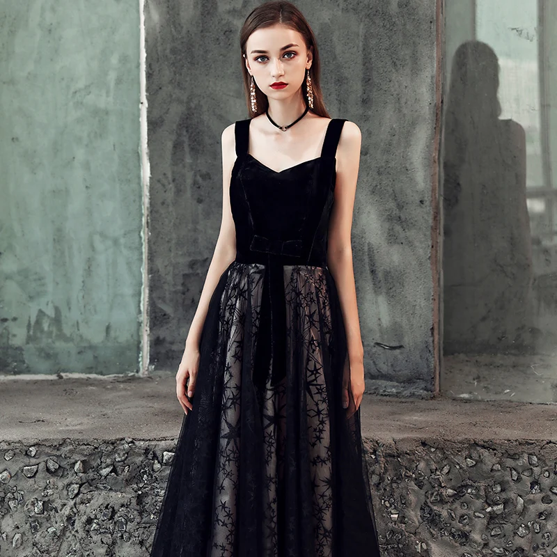 Женское вечернее платье до пола SSYFashion элегантное черное кружевное без рукавов