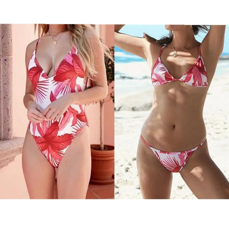 Женский пикантный комплект бикини 2018 купальник с принтом и низкой талией розовый
