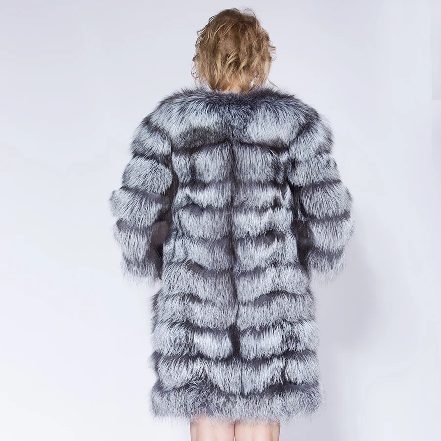 Newowlbie Winter Latest Fashion Women Silver Fox Fur Remove Coat  Three Quarter Sleeve Soild Fox Fur Coat  Warm Real Fur Coat enlarge