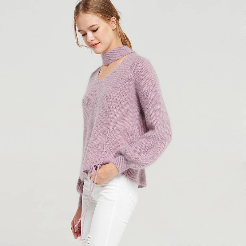 MakeUchic Women Solid White/Purple Sweater Hollow Out Turtleneck Lantern Sleeve Lace Up Cross Knitted Casual Female Pullovers | Женская