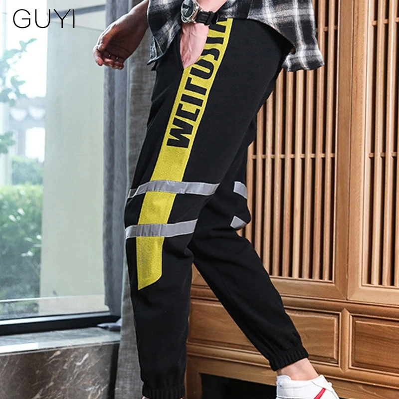 GUYI Sport Pants Men Full Length Drawstring Joggers Male Boy Fashion Casual Streetwear Trousers Print Side Stripe Black Letter | Мужская