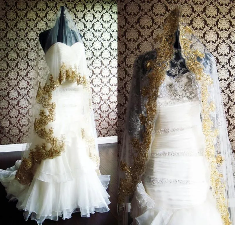 Best продажи роскошные реальное изображение фаты Длинные Мантилья Кружево Золото