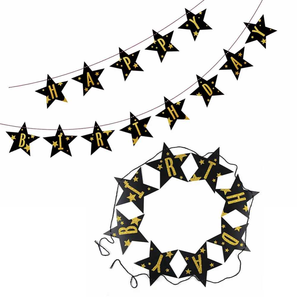Black and Gold Glitter Star Happy Birthday Paper Banner Bunting Garland for Kids Party Hanging Decorations Crafts | Дом и сад