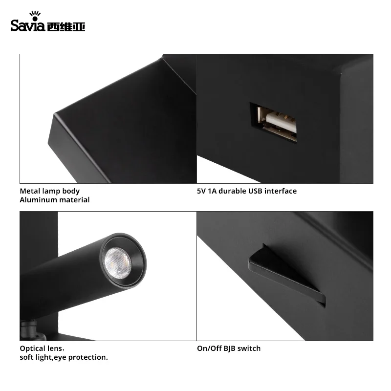 Savia USB светодиодный светильник для чтения 3W Aluninum настенный светильник для гостиницы светодиодный настенный светильник для спальни