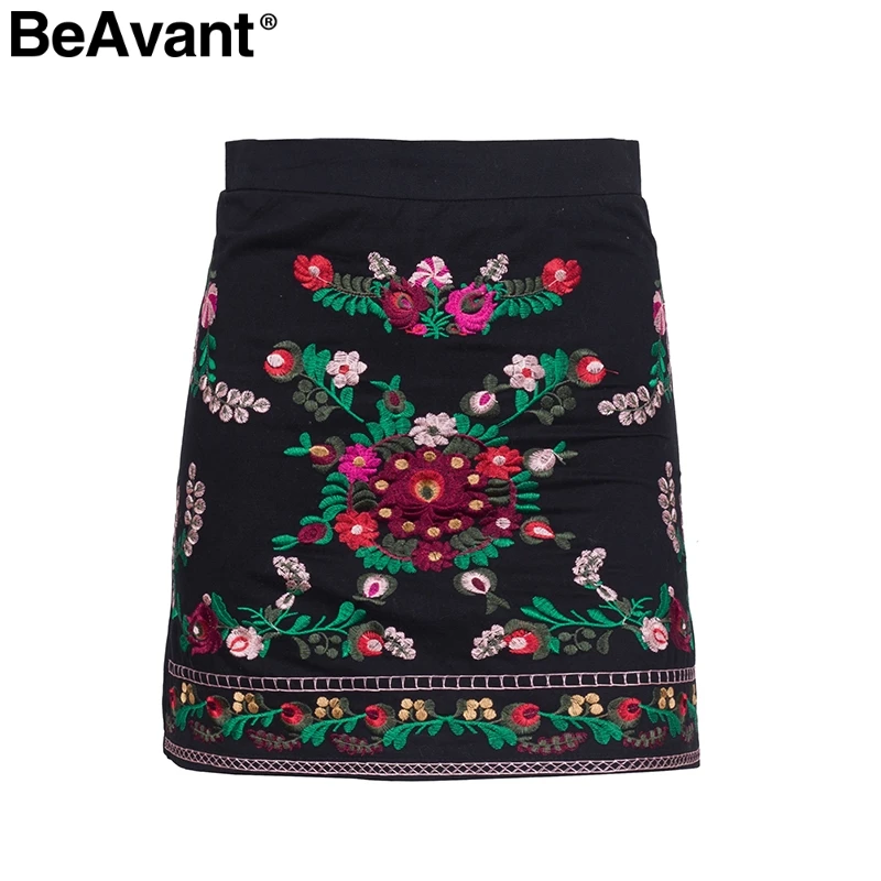 BeAvant Повседневные мини-юбки с цветочной вышивкой Женская прямая юбка с высокой талией Осень Зима уличная короткая женская юбка - Цвет: Черный