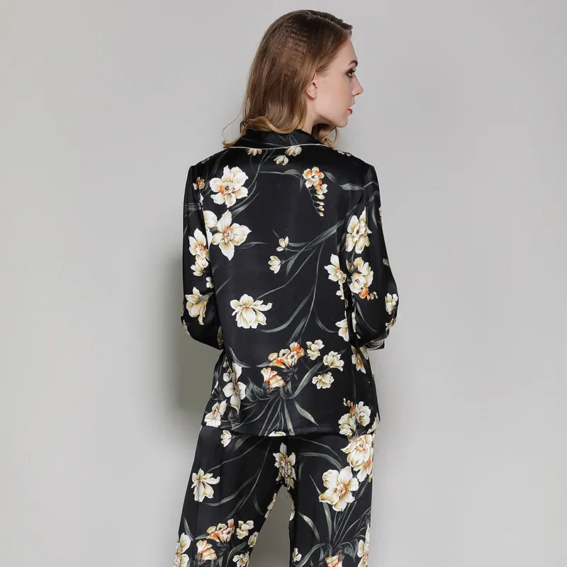 100% genuine silk Fashion flowers pajama sets womens sleepwear sexy black noble autumn pyjamas women skimpy pijamas mulheres