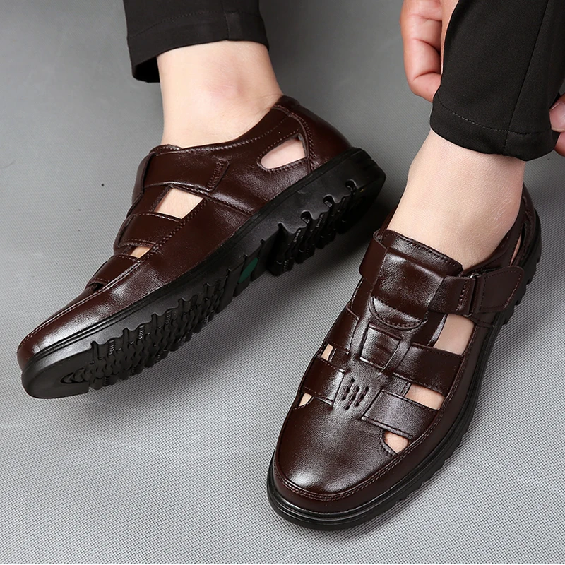 Мужские сандалии из натуральной кожи мужские уличные повседневные кожаные для