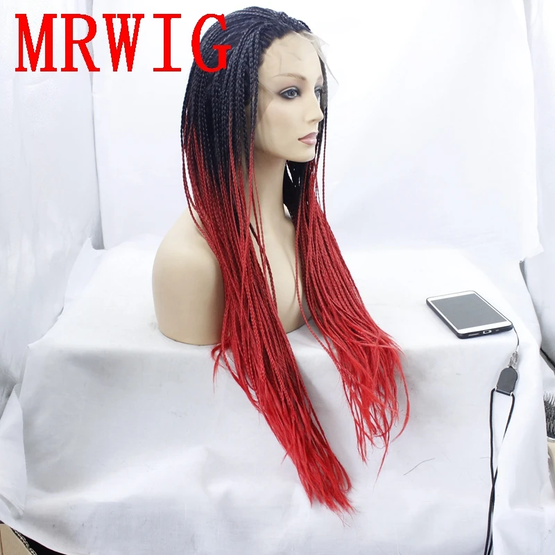 MRWIG 1b # Ombre красный волос плетеный ящик косы парик бесплатная часть темные корни