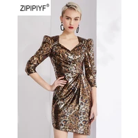 original zipipiyf ol shiny dresses ruched v neck pencil dress leopard short vestidos modis 2019 imposing manner ab411