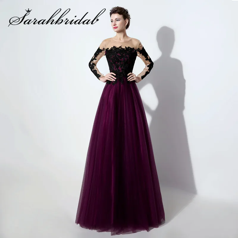 

New Arrival Sexy A Line Evening Dresses Tulle Purple Black Lace Applique Party Prom Gown Long Sleeves Vestidos Real Photo LX017