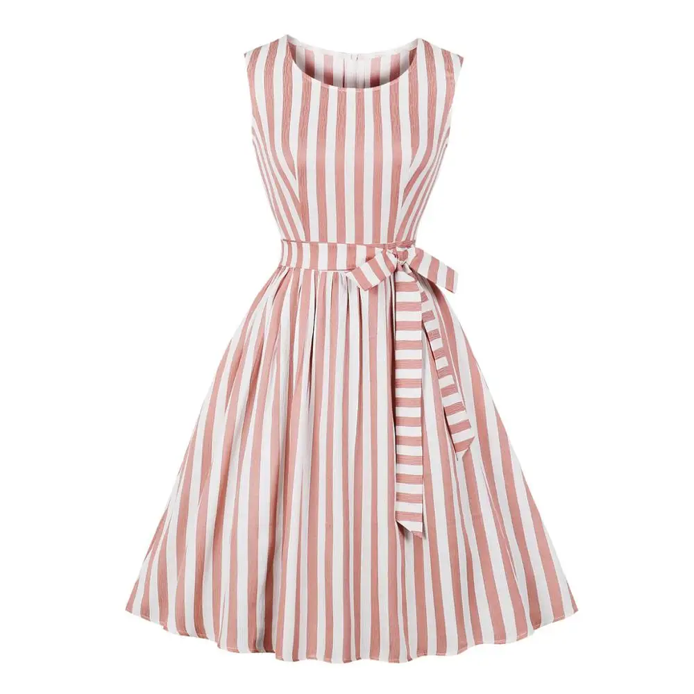 

New Fashion Vintage Vertical Striped Pattern 2019 Summer Women Dress 50s Retro Bow Sleeveless Party Work Office Casual Dresses