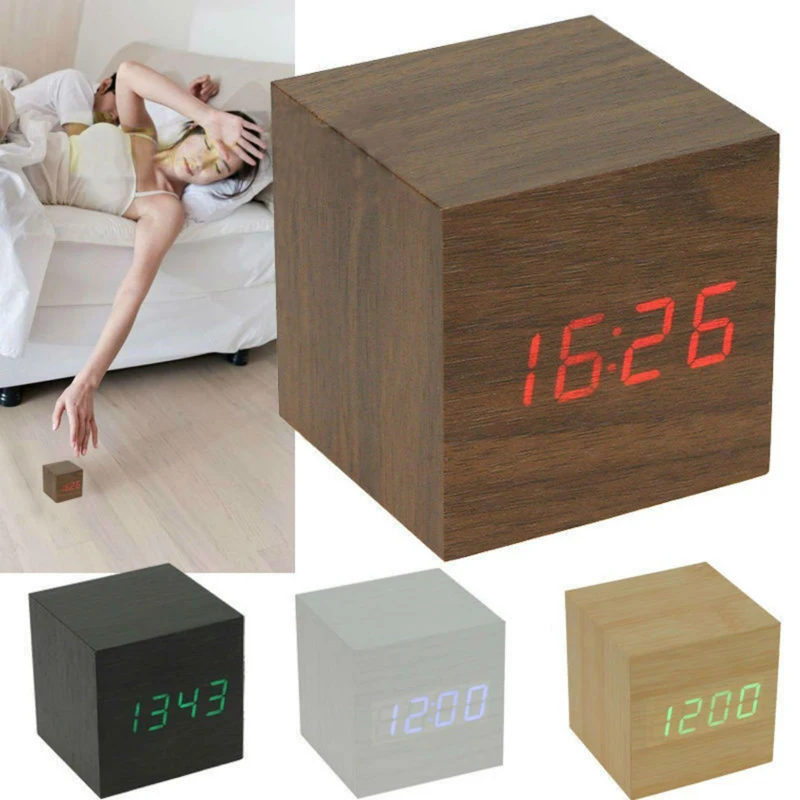 New Wooden Creative Cube Digital LED Desk Alarm Thermometer Timer Calendar USB AAA Clock