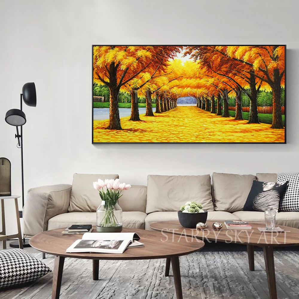 Импрессионистское золотое дерево масляная живопись Красивая настенная ручная
