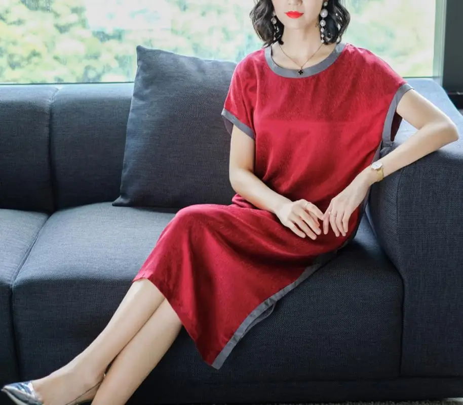 

2018 Summer New Style Simple Fashion Stripes Soft 100% Real Silk Straight Dress Female Casual Loose Short Sleeve Dress