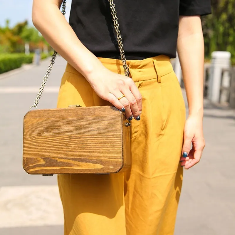 Unua amo Handmade Wooded Box Bag Women's Nature Arbor Unique Chain Day Clutches Luxury Retro Shoulder Wood Messenger Bags | Багаж и