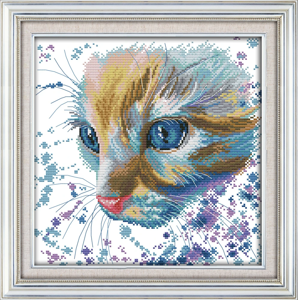 

Watercolor cat cross stitch kit cartoon animal cat pattern printed cloth DIY hand embroidery set craft handmade needlework