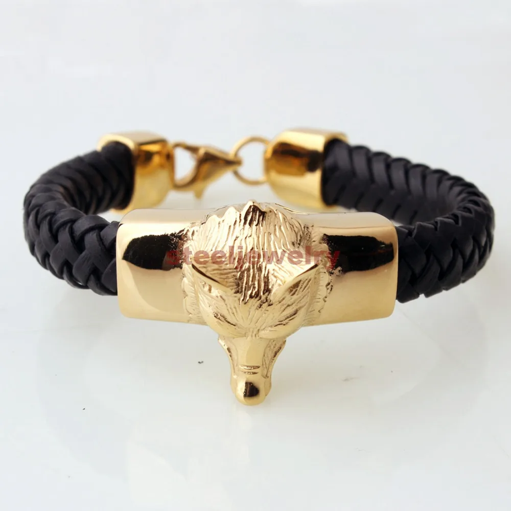 New Cool Men's Silver/Gold Stainless Steel Wolf Braided Black Genuine Leather Bracelet 8.26&quot15mm | Украшения и аксессуары
