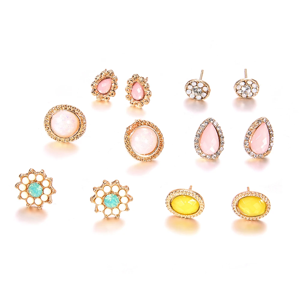 6 пар/компл. Цветы Круглые Капли воды красочные хрустальные золотые гвоздики