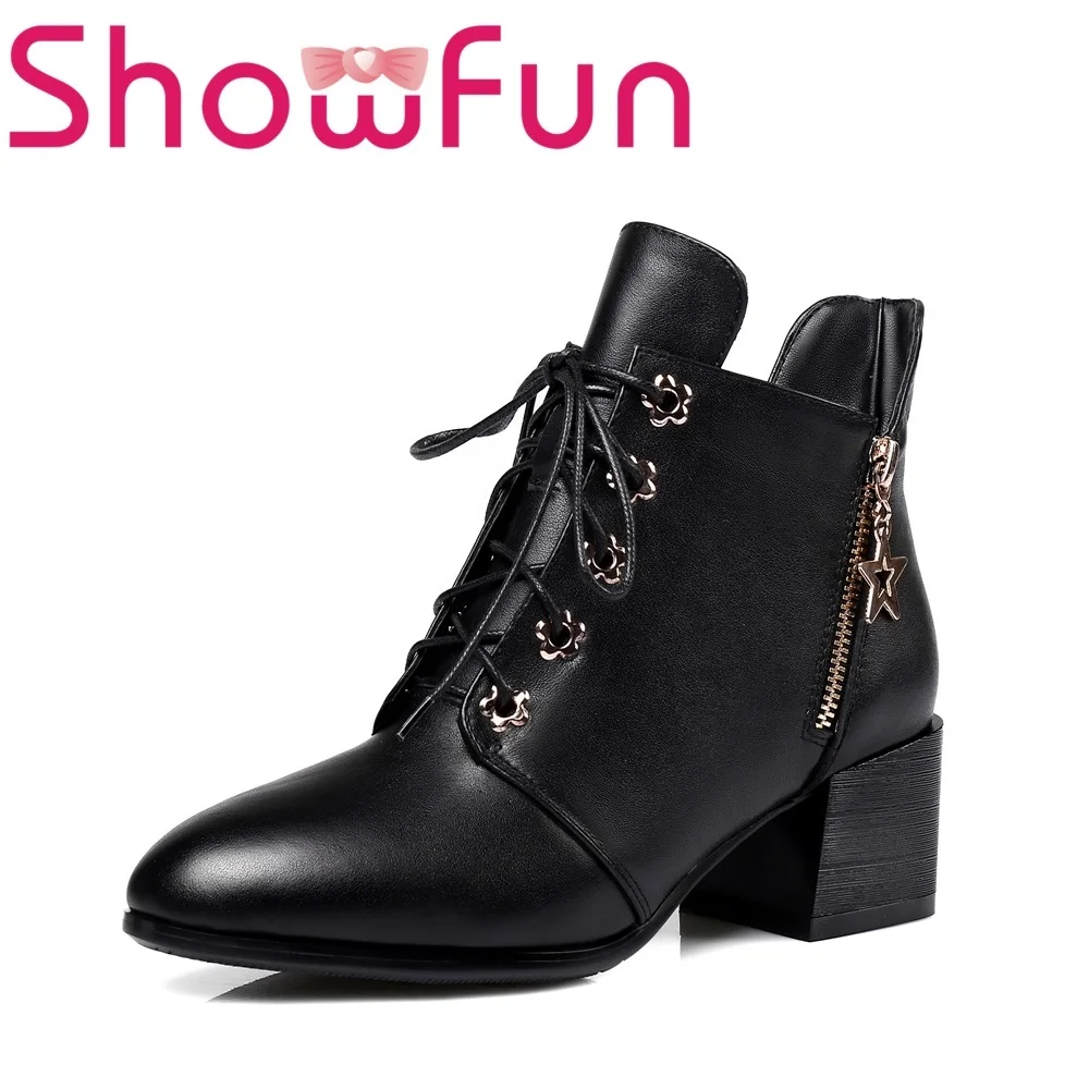 Showfun натуральная кожа женская обувь зимние ботильоны на шнуровке с острым носком
