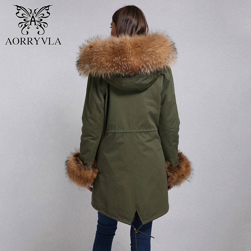 AORRYVLA 2017 новинка женская длинные зимняя парка с мехом енота натуральный мех