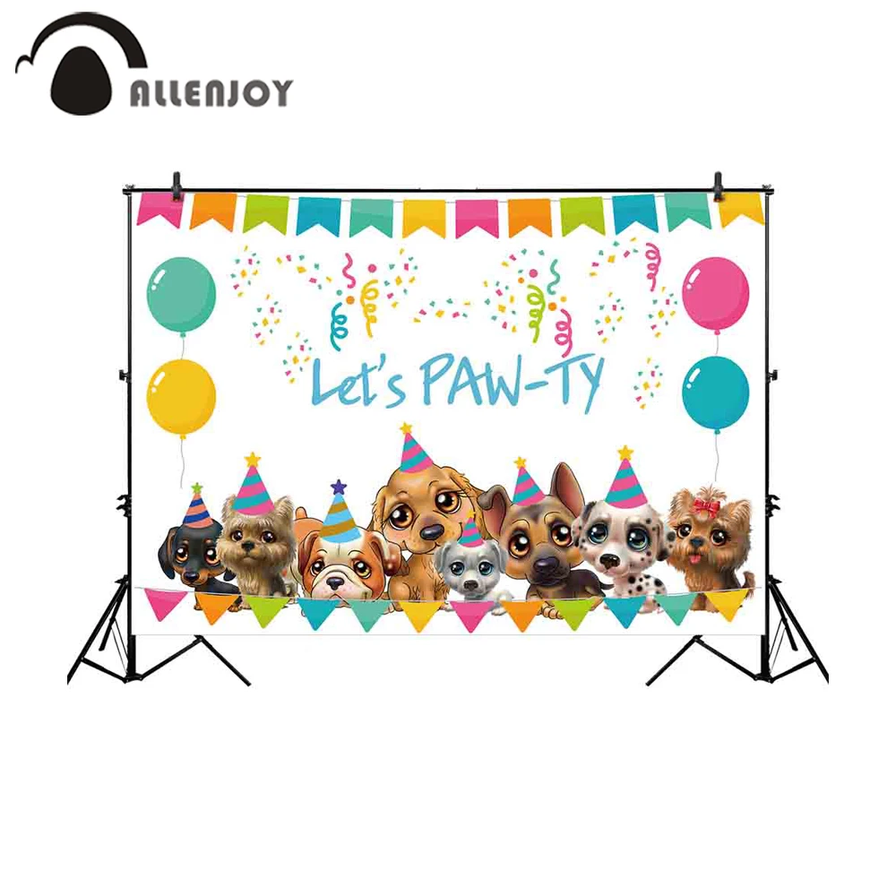 Allenjoy photocall colorful balloons banners dogs party ribbons cute  cartoon baby child birthday celebration wallpaper backdrop