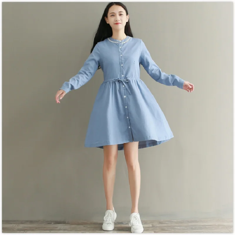 Милый осень весна Для женщин синий мини платье краткое стенд воротник