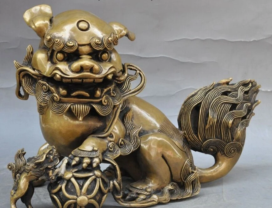 SCY 11 Китайский Бронзовый феншуй foo собака зверь мать сын Лев играть мяч арт