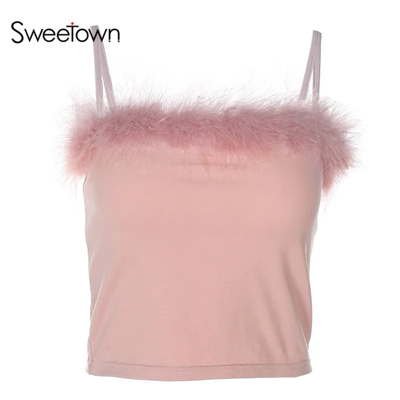 Sweetown, искусственный ремень из меха, майка, топ, тройники, женский короткий топ, модный, сексуальный, розовый, без рукавов, топ-труба, Топики,, летние топы для женщин