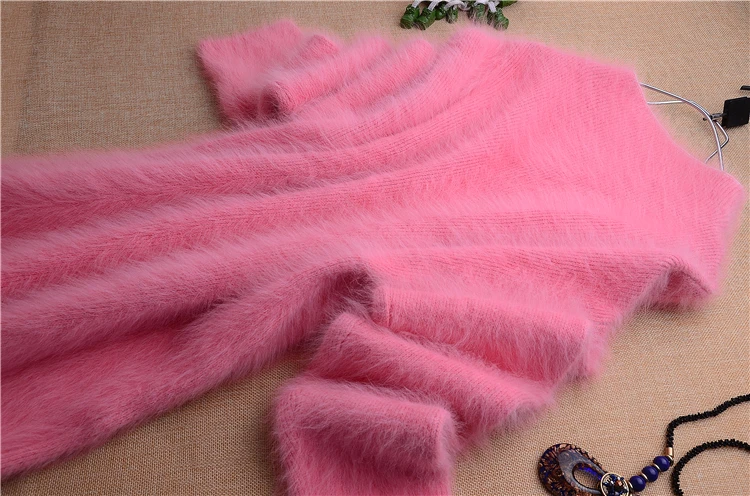 Casual fashion real mink cashmere warm long loose slit pullover sweater autumn winter angora rabbit knitted dress fuzzy fur | Женская