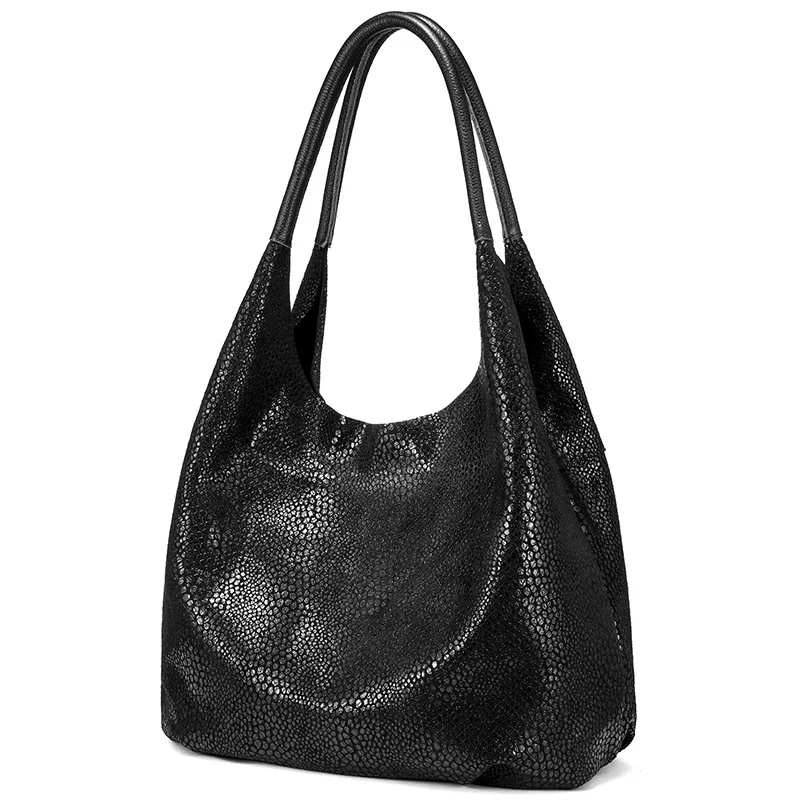 REALER genuine leather shoulder bag designer handbags women bags fashion Hobo bag ladies bags large capacity female - Цвет: Black