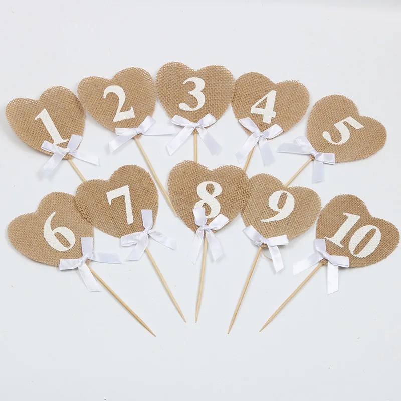 

10pcs/set Jute Hessian heart shape burlap Table Number table cards from 1 to10 rustic wedding table tag decor vintage decoration