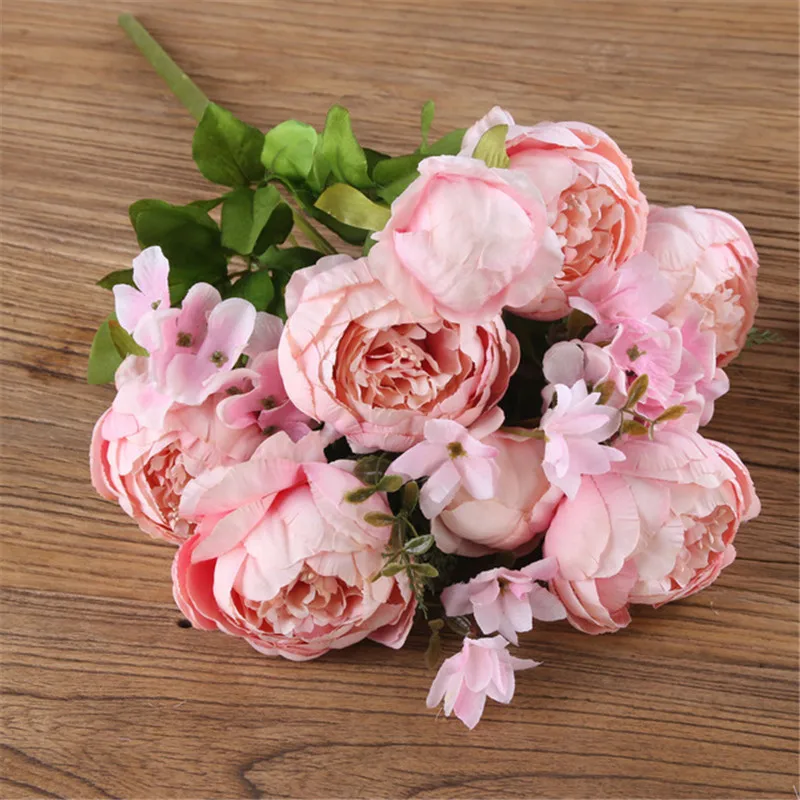 rose pink Яркие шелковые цветы букет Искусственные осенние пионы с поддельным листом Свадебные вечерние украшения H otel Один Букет европейский стиль - Цвет: rose pink