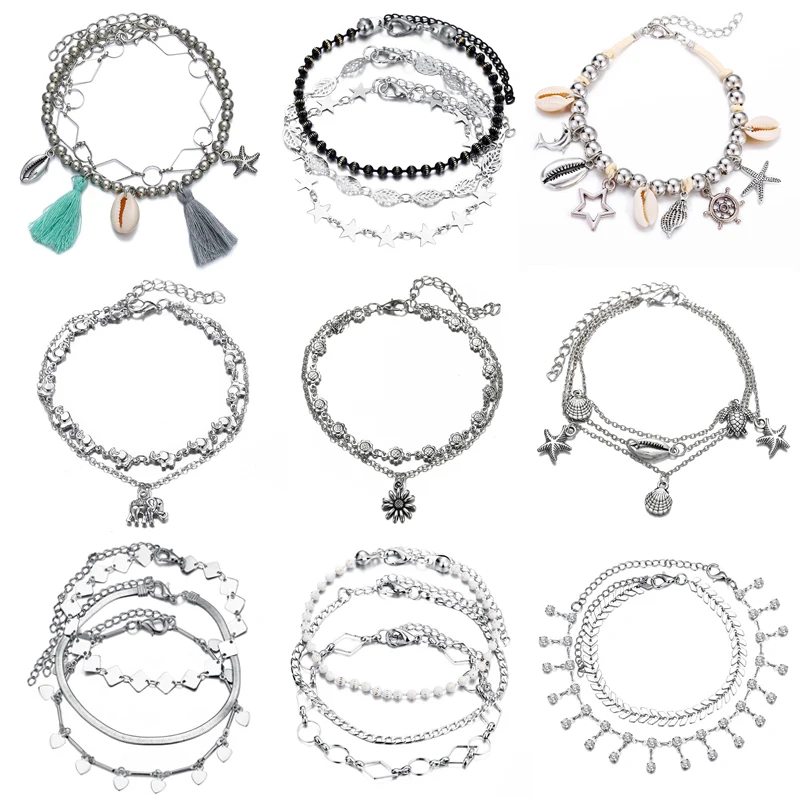 Женский многослойный браслет на ногу винтажное Ювелирное Украшение для пляжа