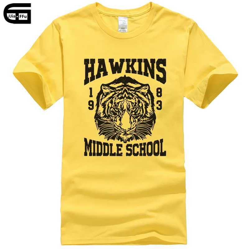 yellow Летние Стильные футболки для мужчин Hawkins Middle School Tiger 1983, футболка с принтом, Повседневная футболка из хлопка T234 - Цвет: yellow