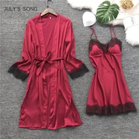 julys song fashion women faux silk robe gown set hot winter sexy lace nightgowns women sleepwear dress woman pajamas bathrobe