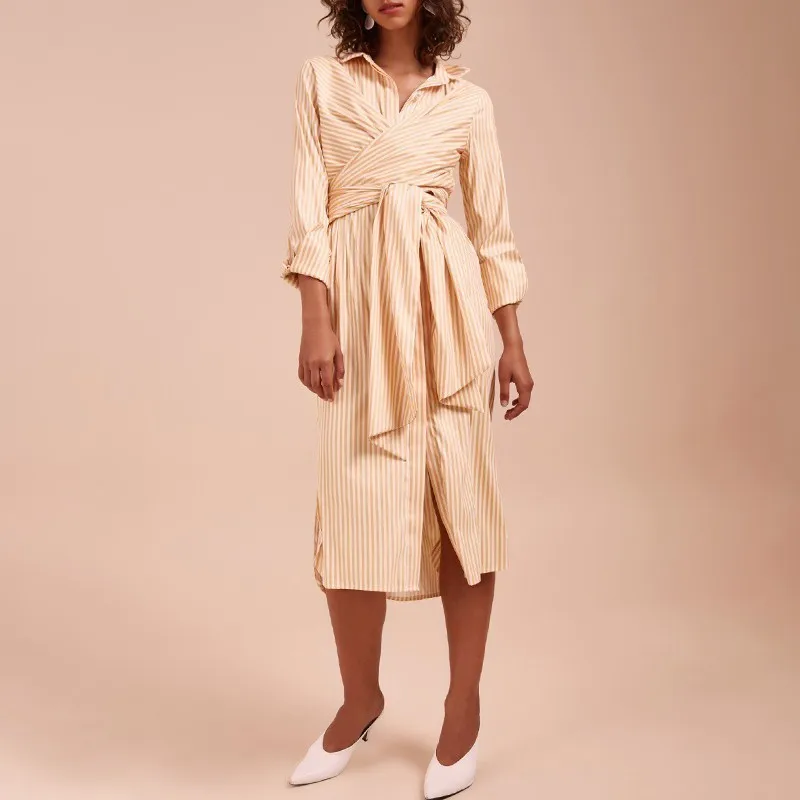 TWOTWINSTYLE платье в полоску для женщин на шнуровке с высокой талией длинным рукавом