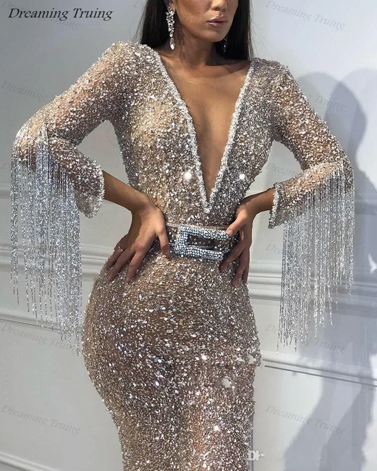 Роскошные Дубай Русалка платья для выпускного вечера с длинным рукавом глубокий