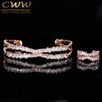 cwwzircons adjustable size rose gold color bracelet bangle ring set trapezoid cz stone fashion brand women jewelry sets t203