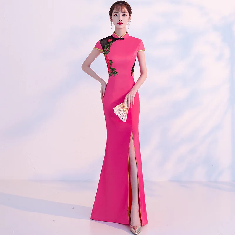 Ярко розовое весеннее длинное платье Чонсам в китайском стиле женское Ципао