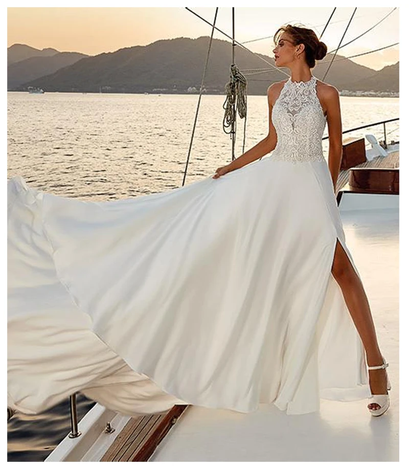 LORIE Boho Свадебное платье с лямкой на шее шифоновые кружевные аппликации свадебное