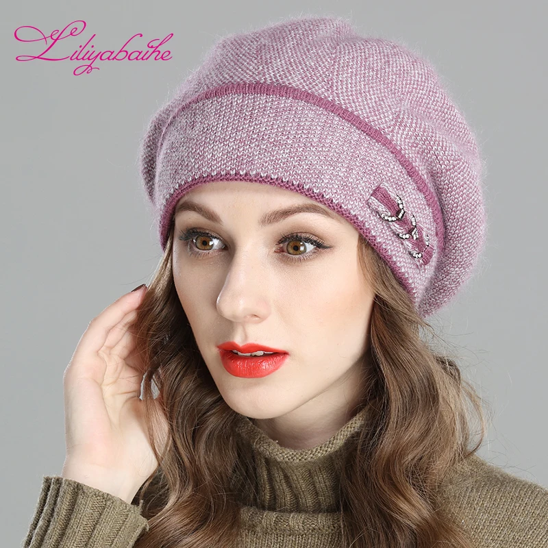 

Liliyabaihe New Style Women's Winter Beret Crocheted Angora Wool Berets Bicolour Mixing Hat with Double Heated Hat Cap