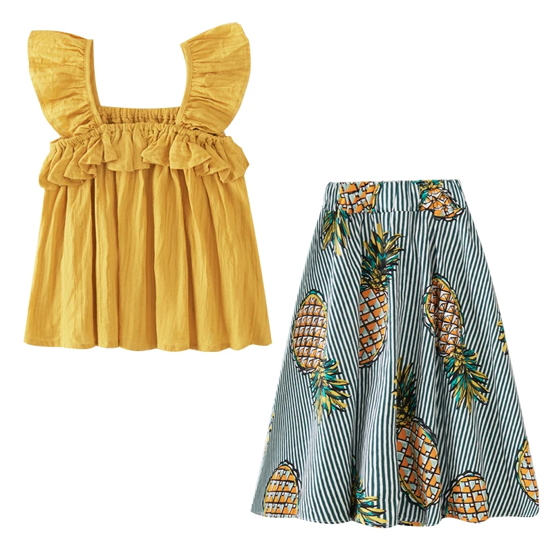 2019 Girls Summer Clothes Ruffle T-shirt Tops+Pineapple skirt 2 PCS Suit Kids Clothing 4 6 8 10 Years Princess Costume Set | Мать и