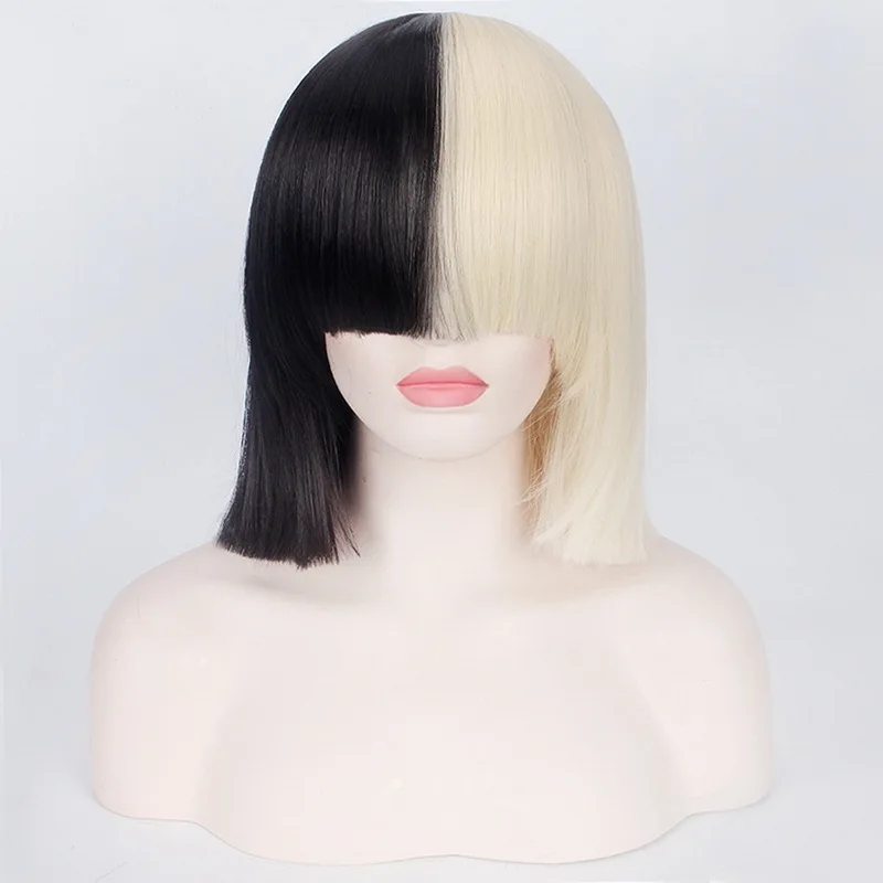 35cm SIA Anime Synthetic Hair Half Black and Blonde Ombre Short Straight Flat Bangs Heat Resistant Cosplay Full Wigs For Women