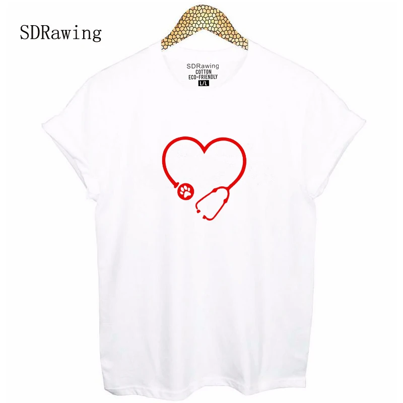 Футболка ветеринарная с принтом лапы в форме сердца модный топ круглым вырезом