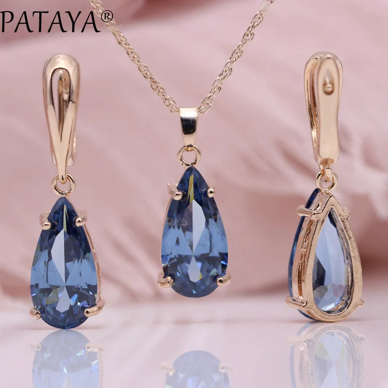 PATAYA New Blue Water Drop Earrings Pendants Necklaces Sets 585 Rose Gold Natural Zircon For Women Fashion Wedding Jewelry Set