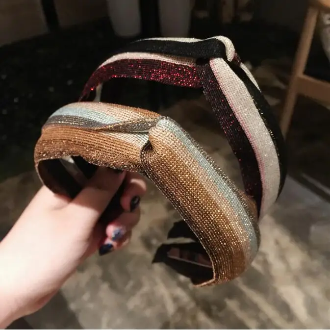 Блестящая Радужная полосатая повязка на голову с широкими полями Золотая